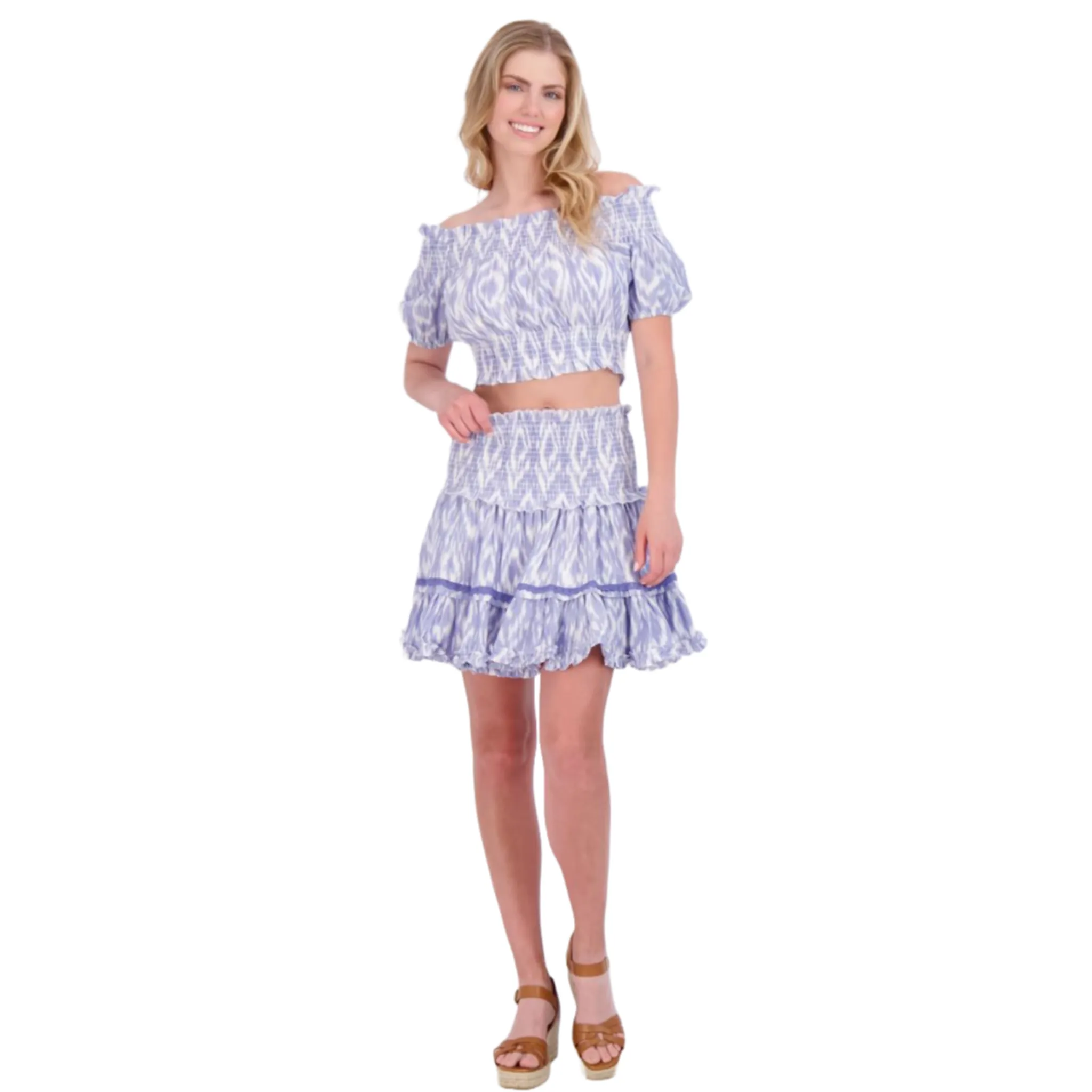 Amelie Women's Crop Top And Skirt Set in Blue Ikat