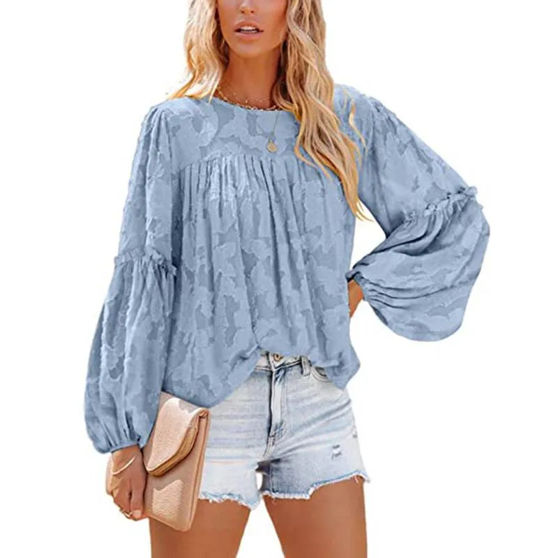 Andrea Flared Sleeve Round Neck Jacquard Chiffon Top