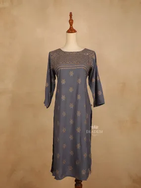 Dark Grey Cotton Kurti Top Adorned with Design Prints, Without Dupatta