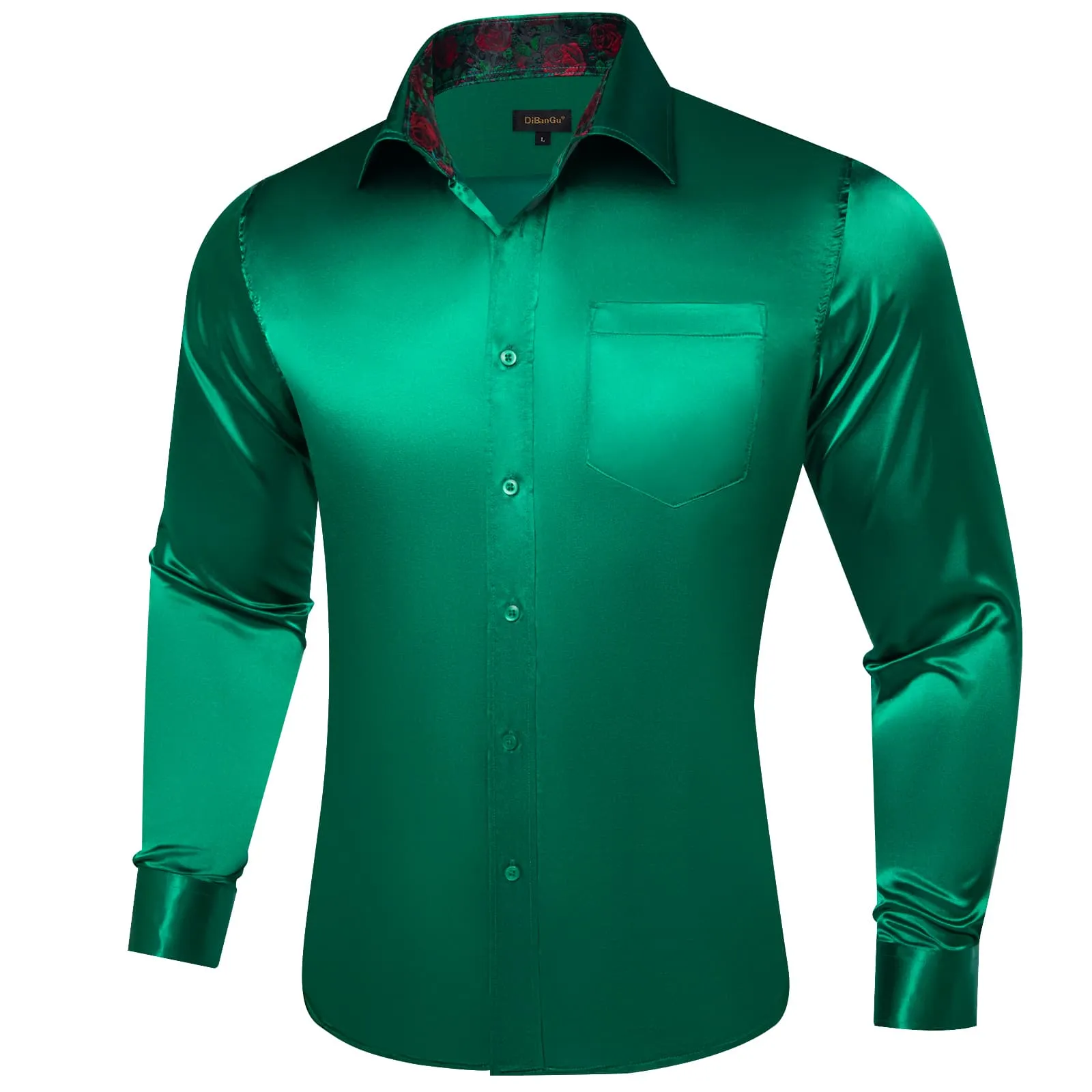 DiBanGu Collar Shirt Jungle Green Satin Splicing Solid Button Down Shirt for Mens Formal