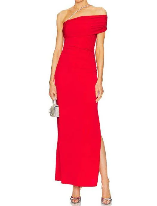 Freda Crystal Trim One-shoulder Slit Maxi Dress