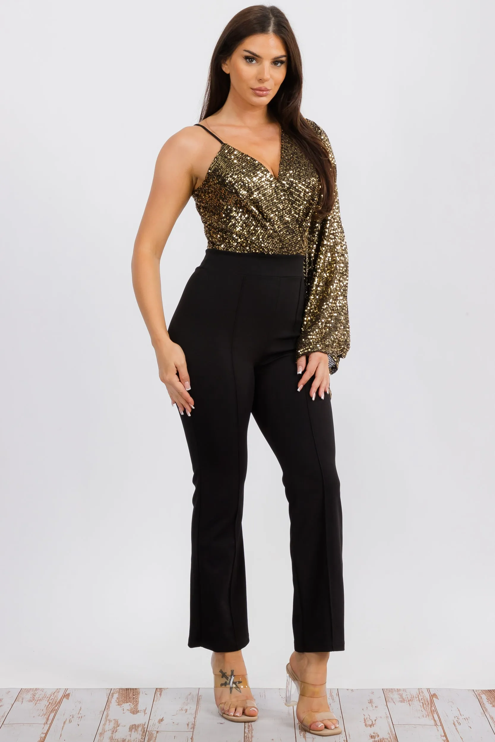 HH742X-S Jumpsuit with a Sequin, V-neck Wrap-style Bodice Plus Size