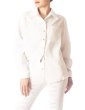 iB-iP Women's Cozy Relaxed Retro White Cuffed Long Sleeve Shirt