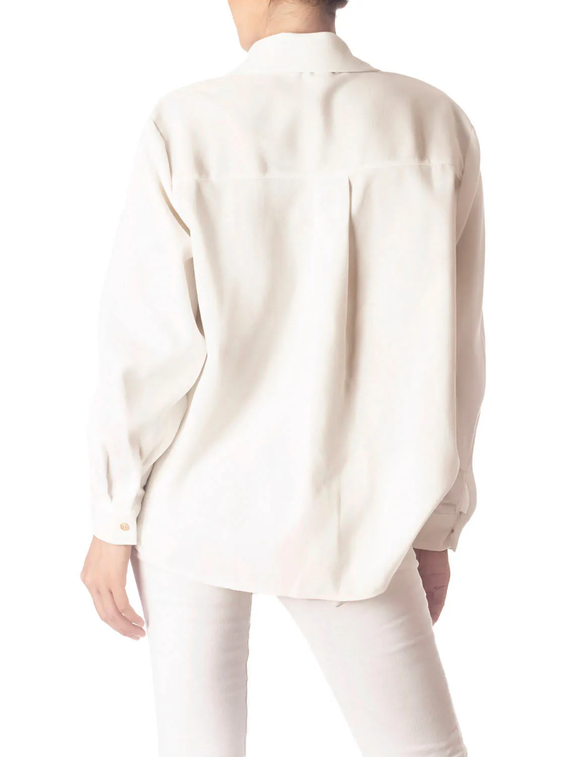 iB-iP Women's Cozy Relaxed Retro White Cuffed Long Sleeve Shirt