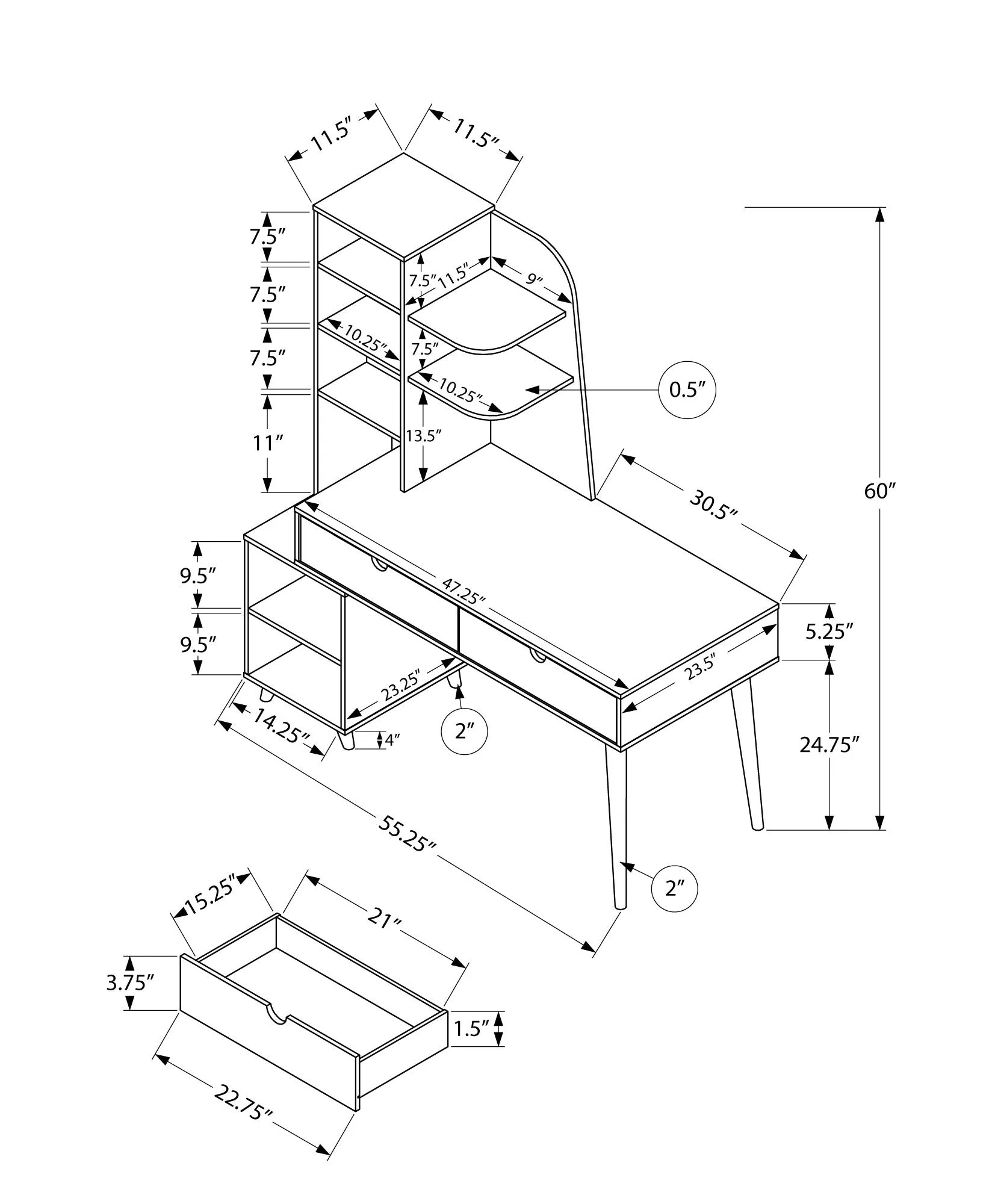 OFFICE SERIES - 55"L / ESPRESSO WITH BOOKCASE