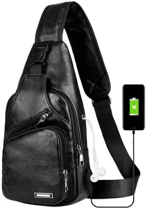 Peicees Leather Sling Bag w/ USB Charge Chest Crossbody Backpack Daypack for Men