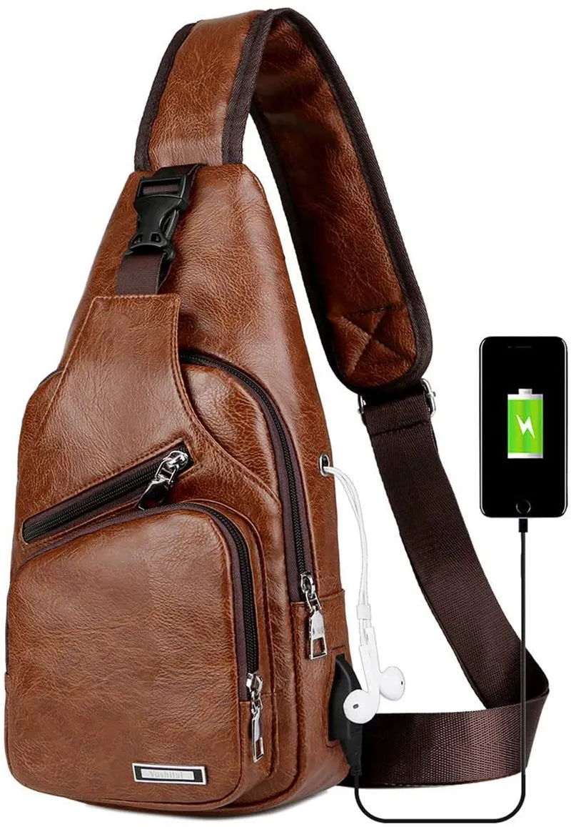 Peicees Leather Sling Bag w/ USB Charge Chest Crossbody Backpack Daypack for Men