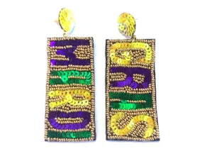 Sequin Mardi Gras Earrings with Bold Lettering