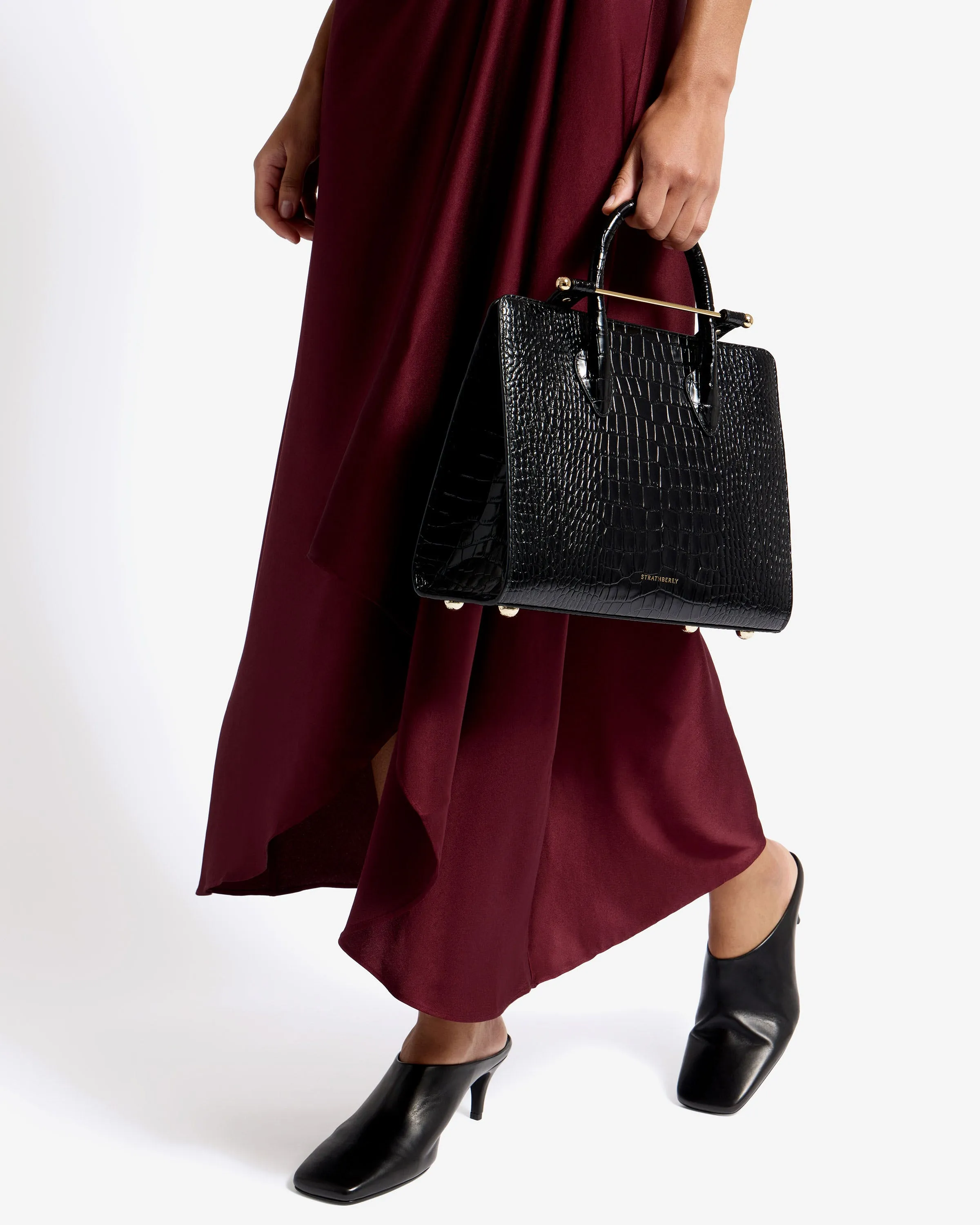 The Strathberry Midi Tote - Croc-Embossed Leather Black