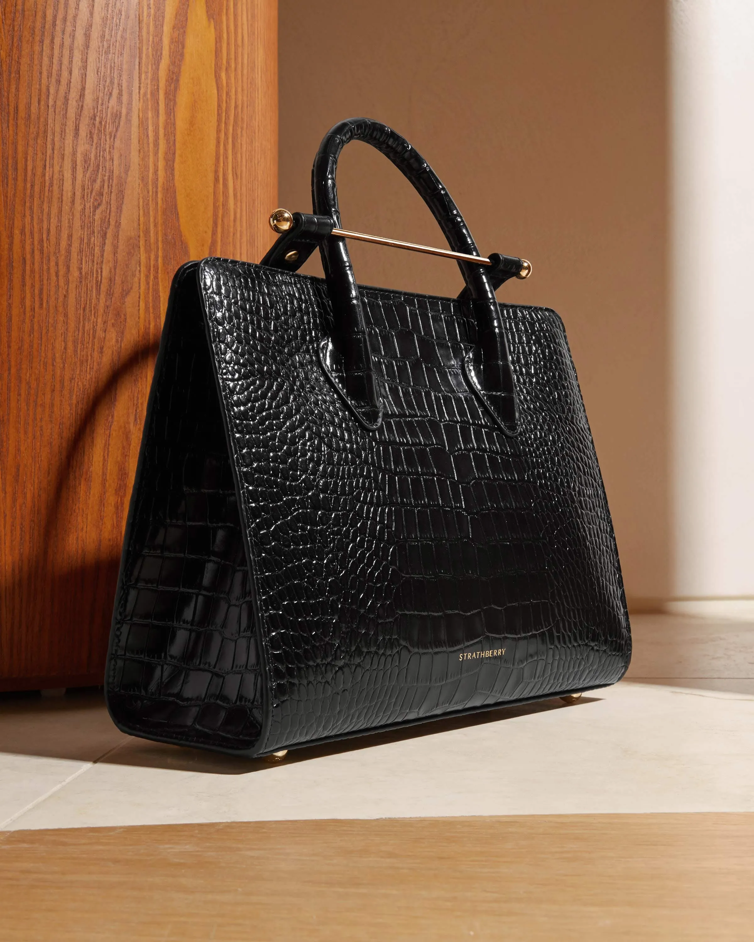 The Strathberry Midi Tote - Croc-Embossed Leather Black