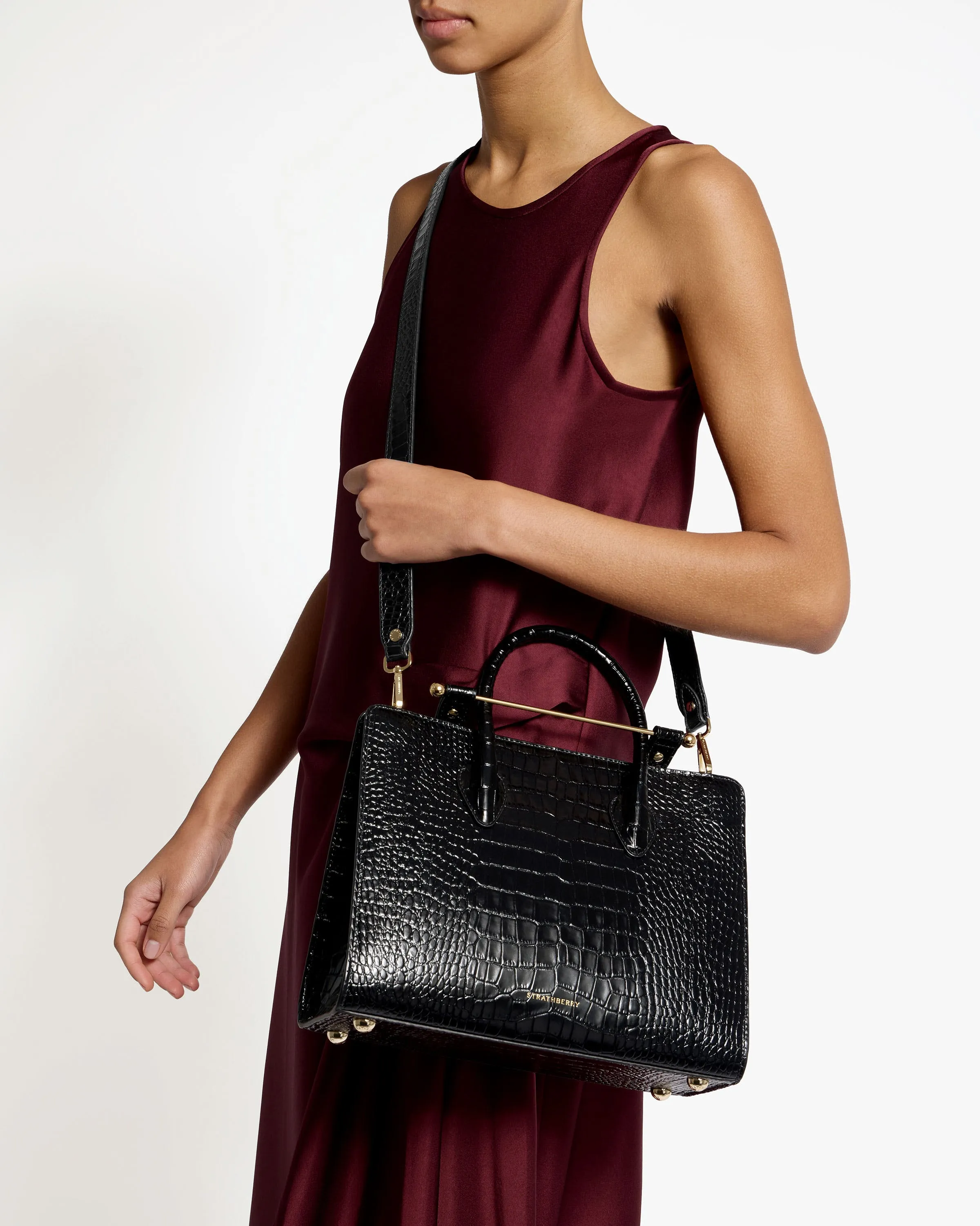 The Strathberry Midi Tote - Croc-Embossed Leather Black