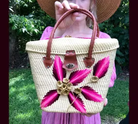 Vintage 70s | Mexican Straw Raffia Purse Market Tote Bag Novelty Boho Beach Bag